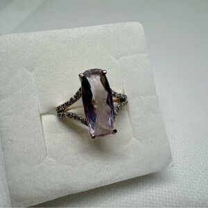 Beautiful 14k Rose Gold Long Cushion Cut Amethyst and Diamond Ring Size 7.25